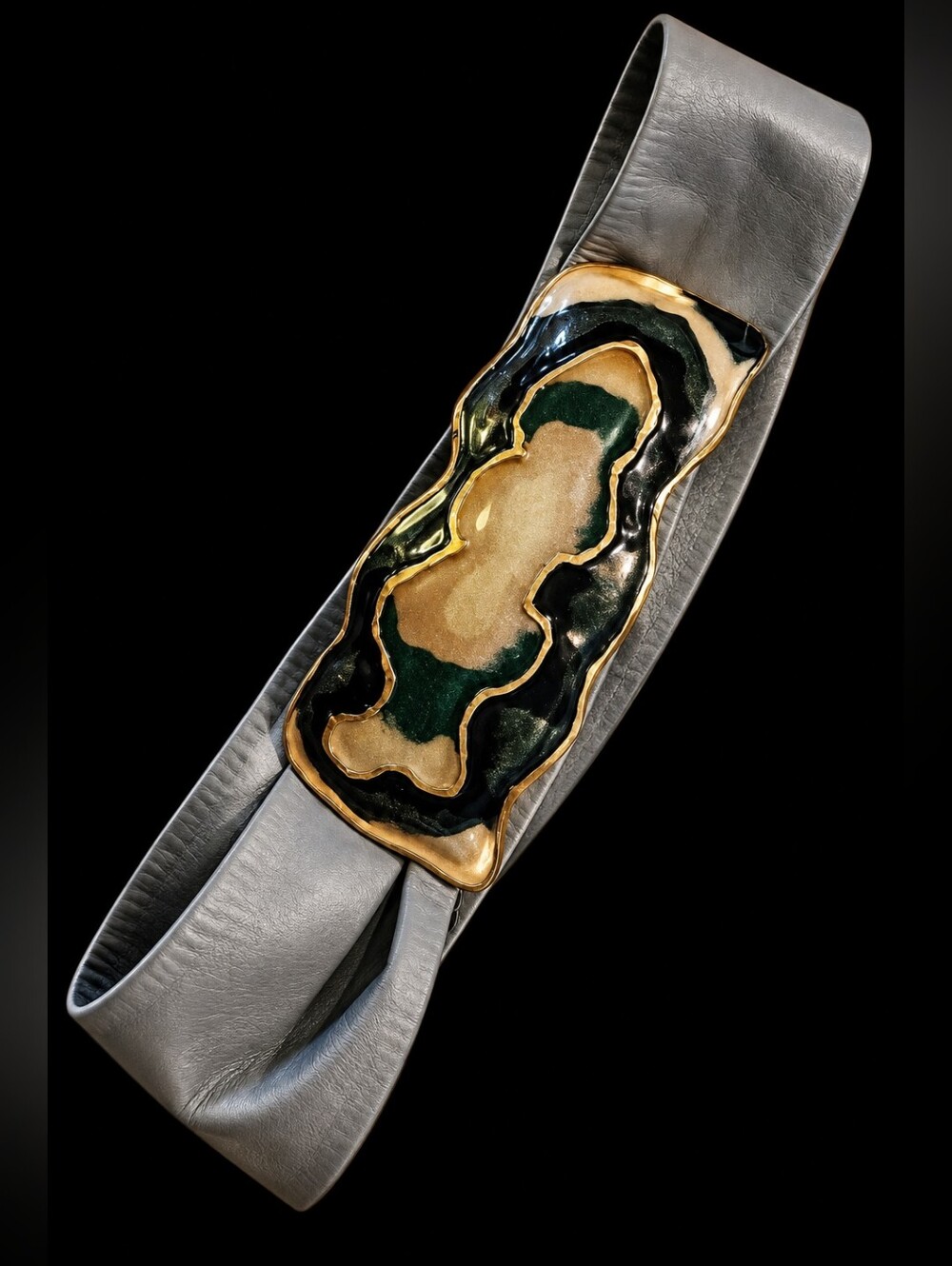 Vintage 80s Leather Belt Heavy Sculptural Metal Buckle Black Green Gold